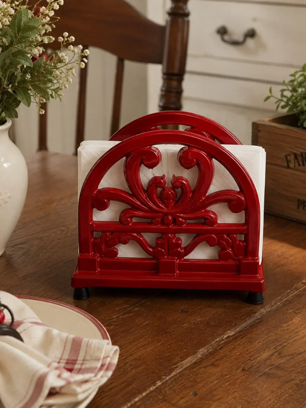 Red Ornate Metal Napkin Holder – Scrollwork Floral Design